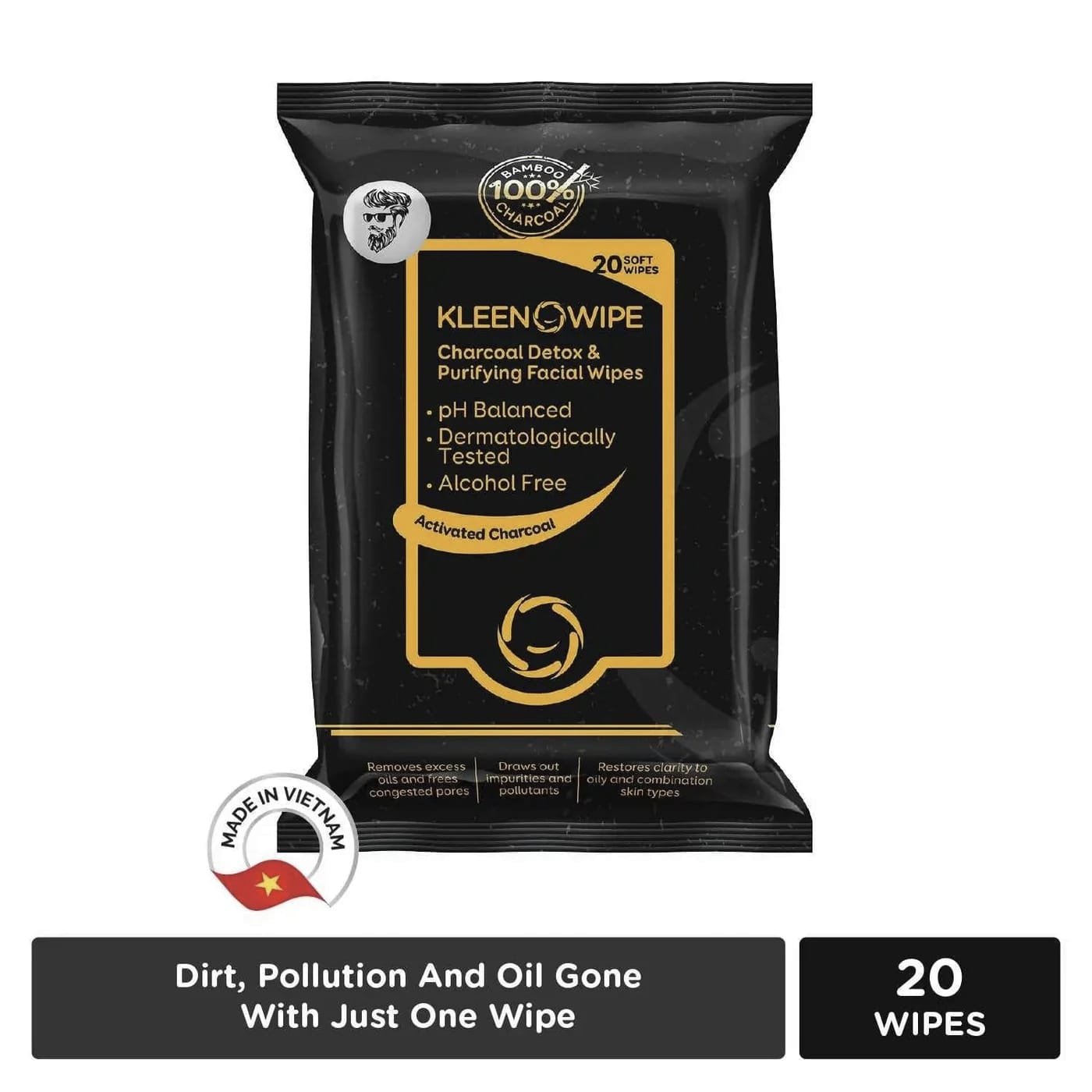 KLEENOWIPES CHARCOAL DETOX WIPES 20 WIPES