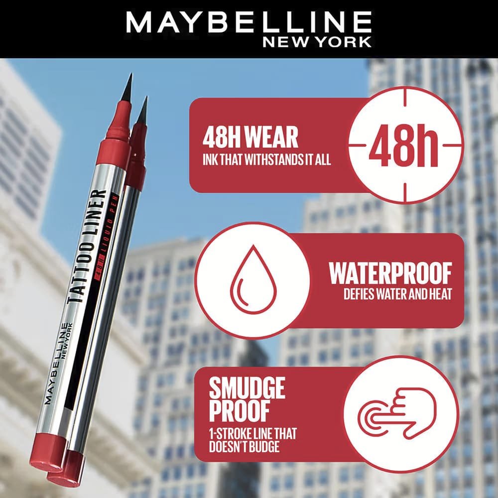 Maybelline High Impact Tattoo Pen Liner, Lasts Up To 48H Black, Water & Smudge proof (1g)