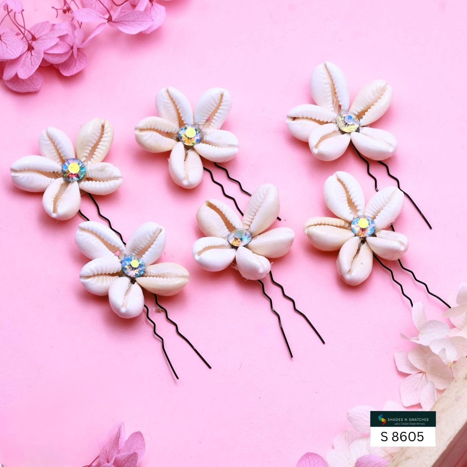 SEA SHELL FLOWER WITH U PIN 6 PCS SET
