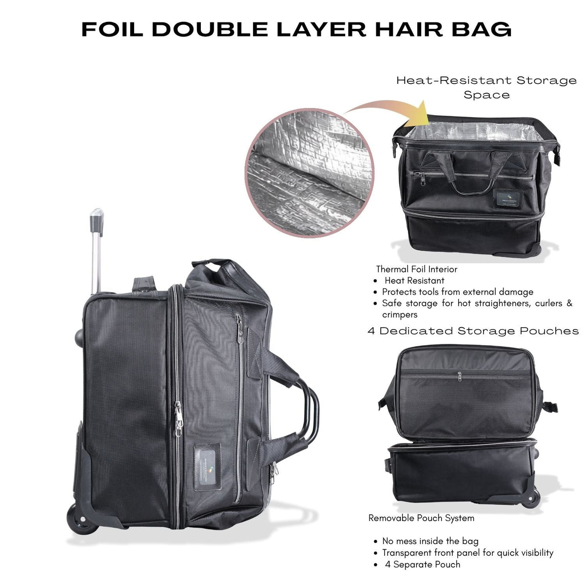 NEW FOIL DOUBLE LAYER HAIR BAG WITH WHEELS