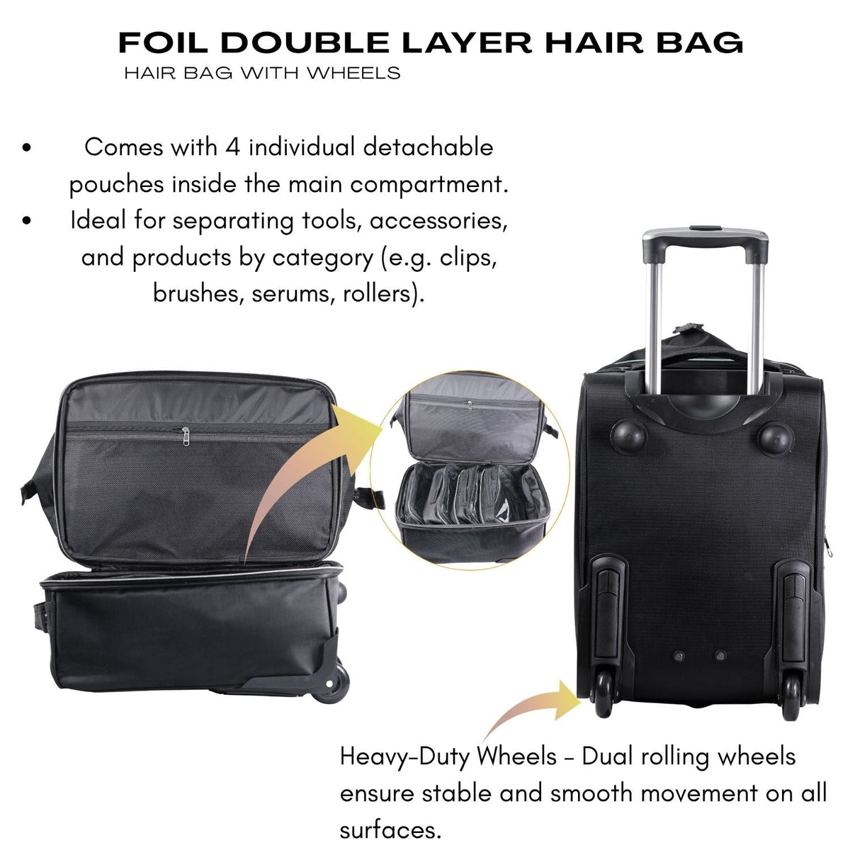 NEW FOIL DOUBLE LAYER HAIR BAG WITH WHEELS