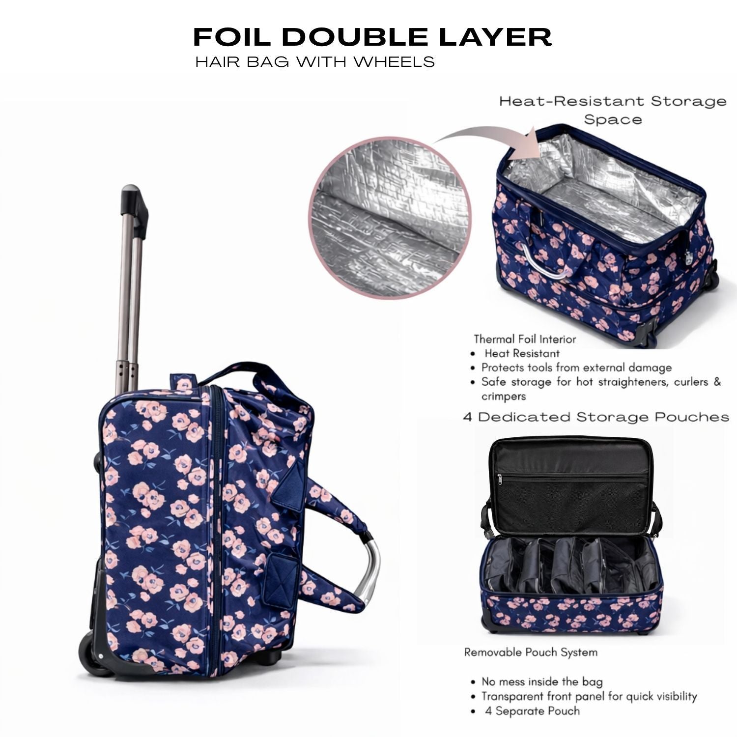 NEW FOIL DOUBLE LAYER HAIR BAG WITH WHEELS PRINTED