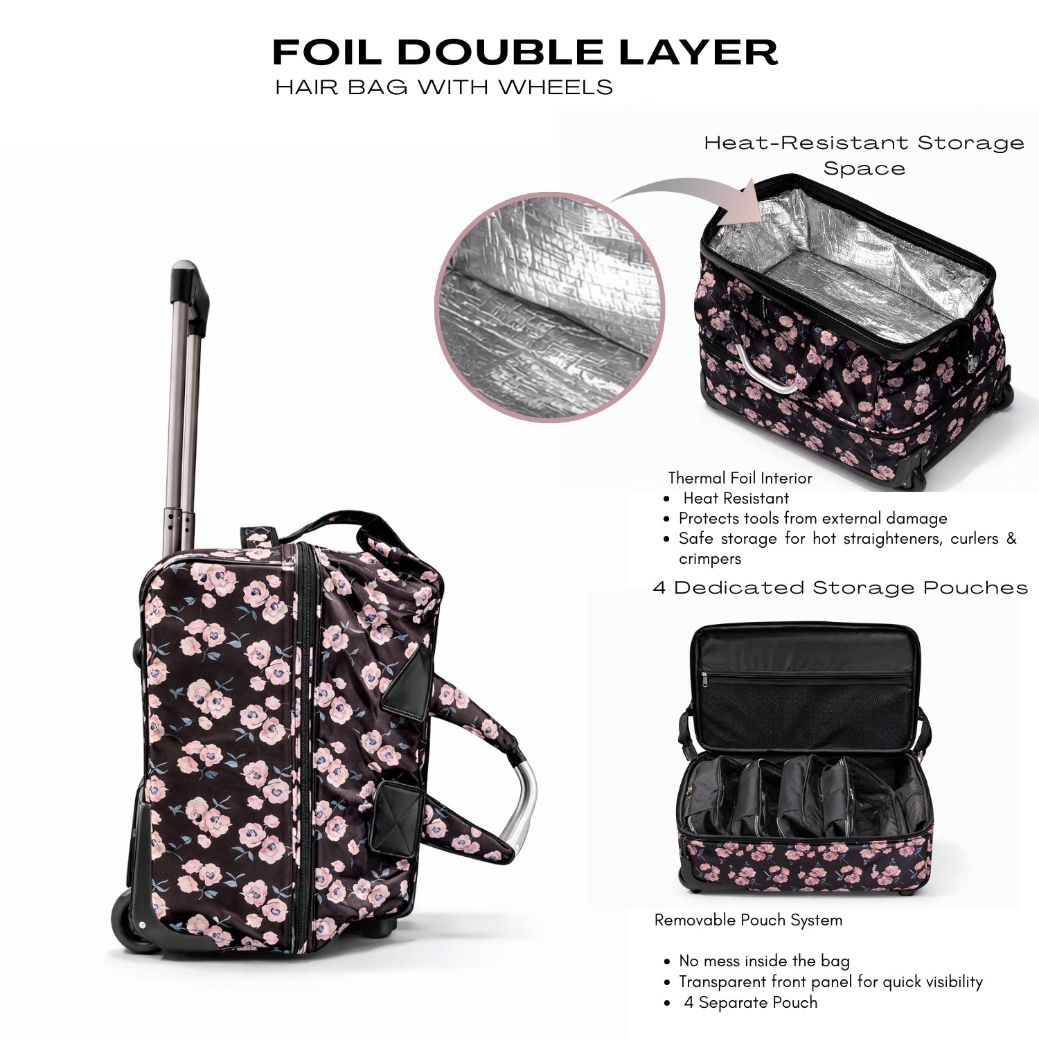 NEW FOIL DOUBLE LAYER HAIR BAG WITH WHEELS PRINTED