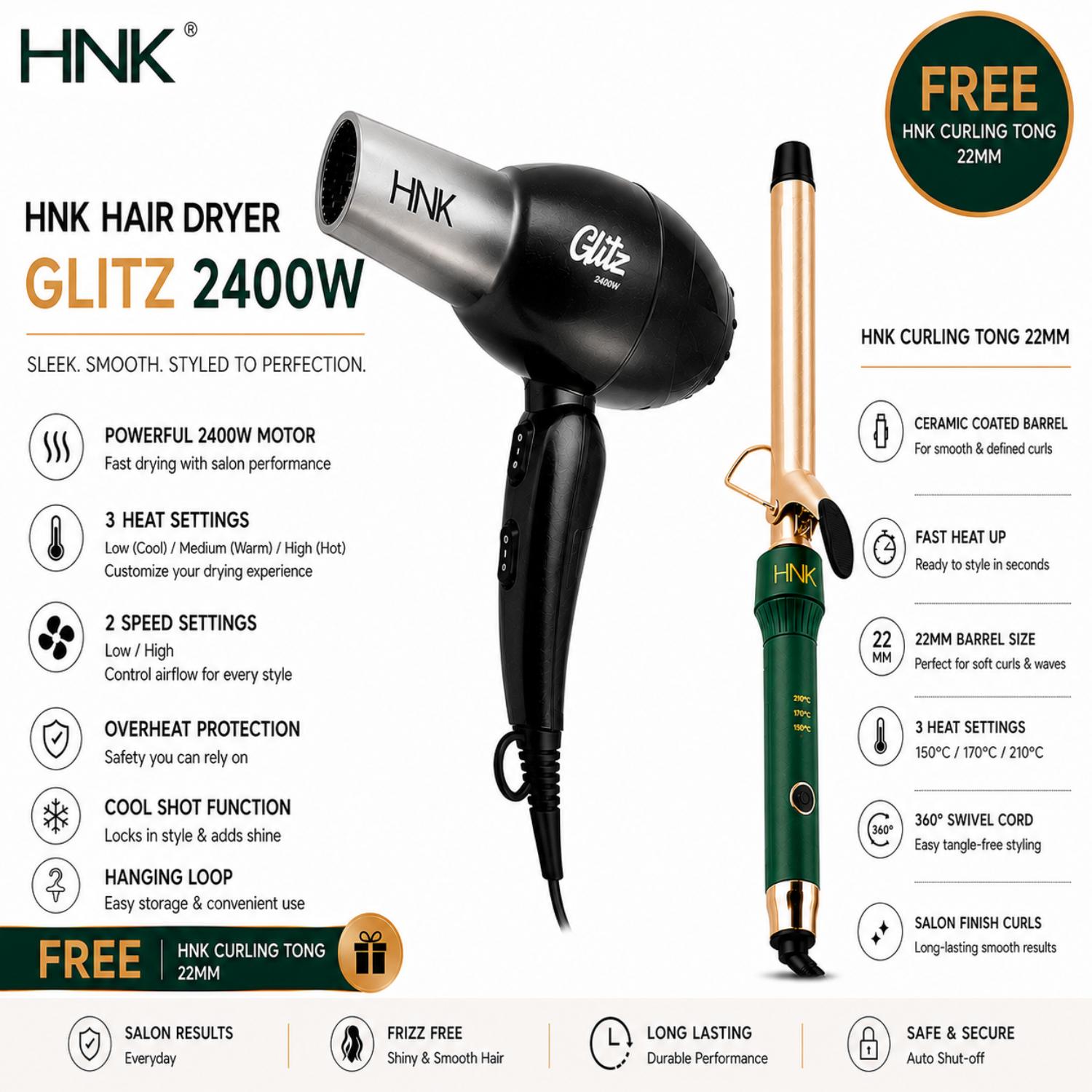 HNK HAIR DRYER GLITZ 2400W (FREE HNK CURLING TONG 22MM)