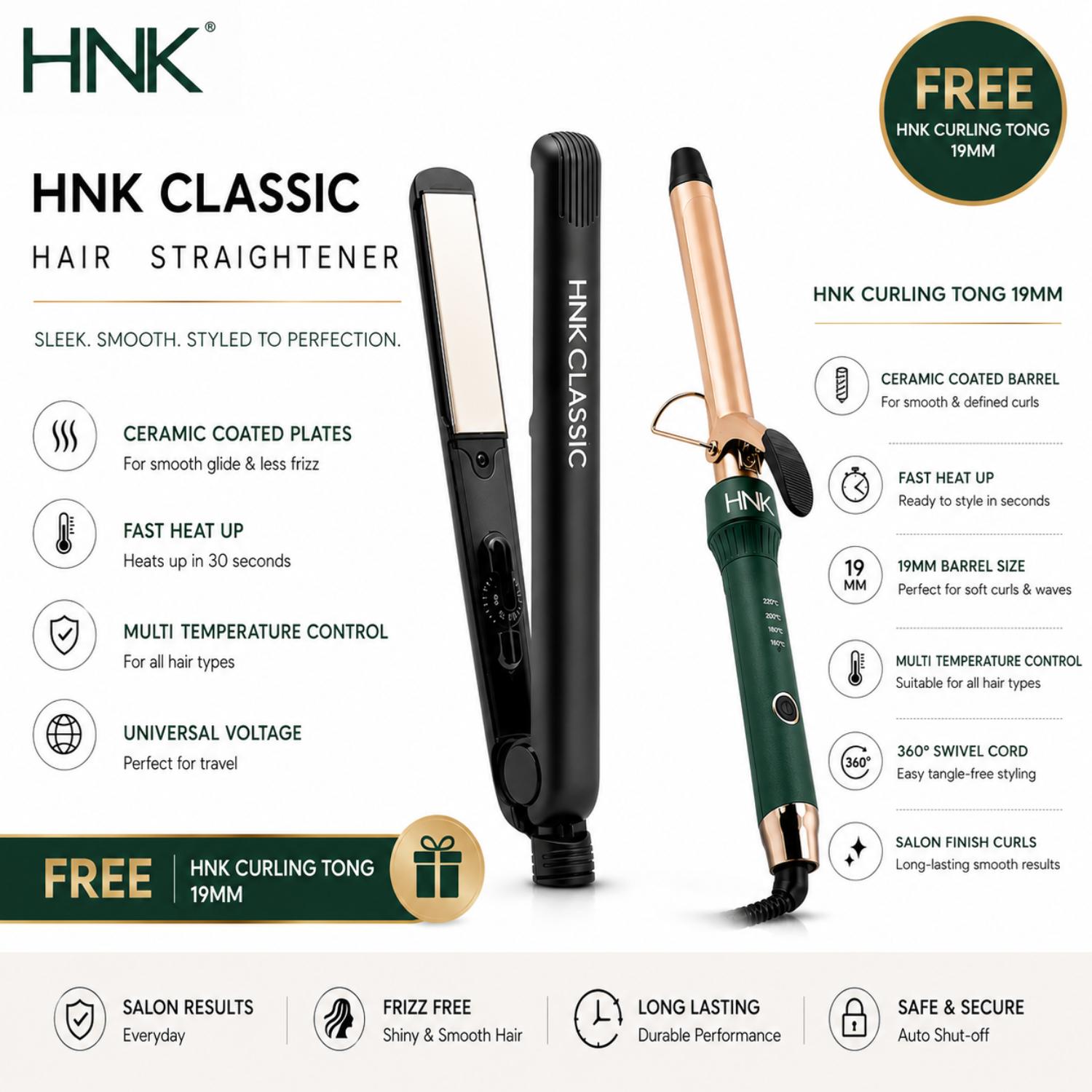 HNK CLASSIC HAIRSTRAIGHTNER ( FREE HNK CURLING TONG 19MM )