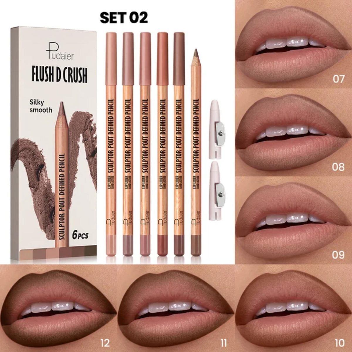 PUDAIER FLUSH D CRUSH SILKY SMOOTH SCULPTOR POUT DEFINED PENCIL SET OF 6 - SET 02 - 1.5G * 6