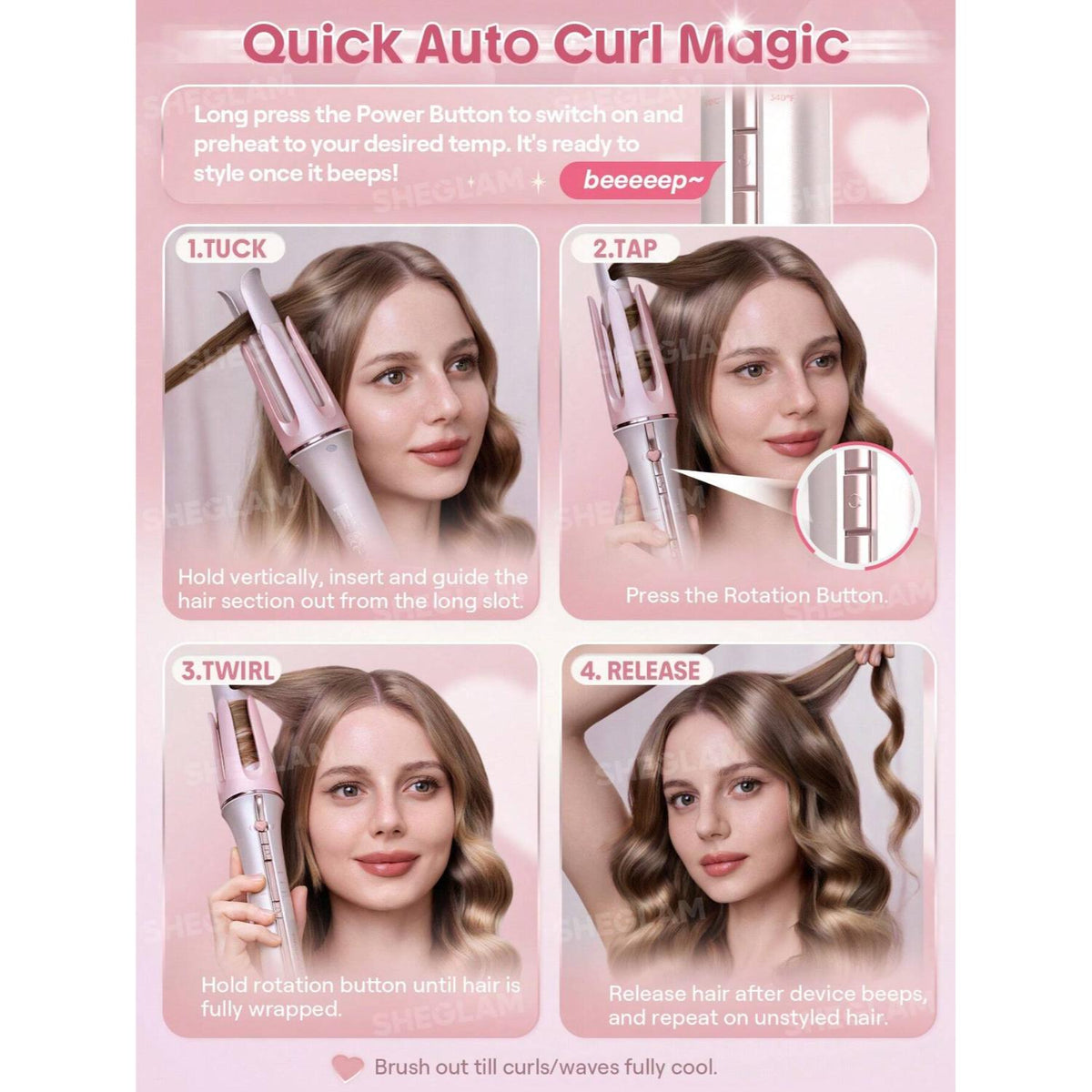 SHEGLAM CUPIDS CHARM ONE - TOUCH INSTANT CURLER 32MM - BABY PINK